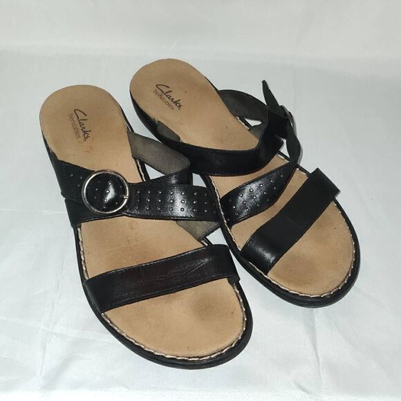 Clarks Bendables Women's Leather Slide Sandals Black w Adjustable Strap & Buckle - Picture 1 of 6